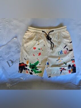 Dior Cream Swim Shorts with Multicolor Paint-Splash